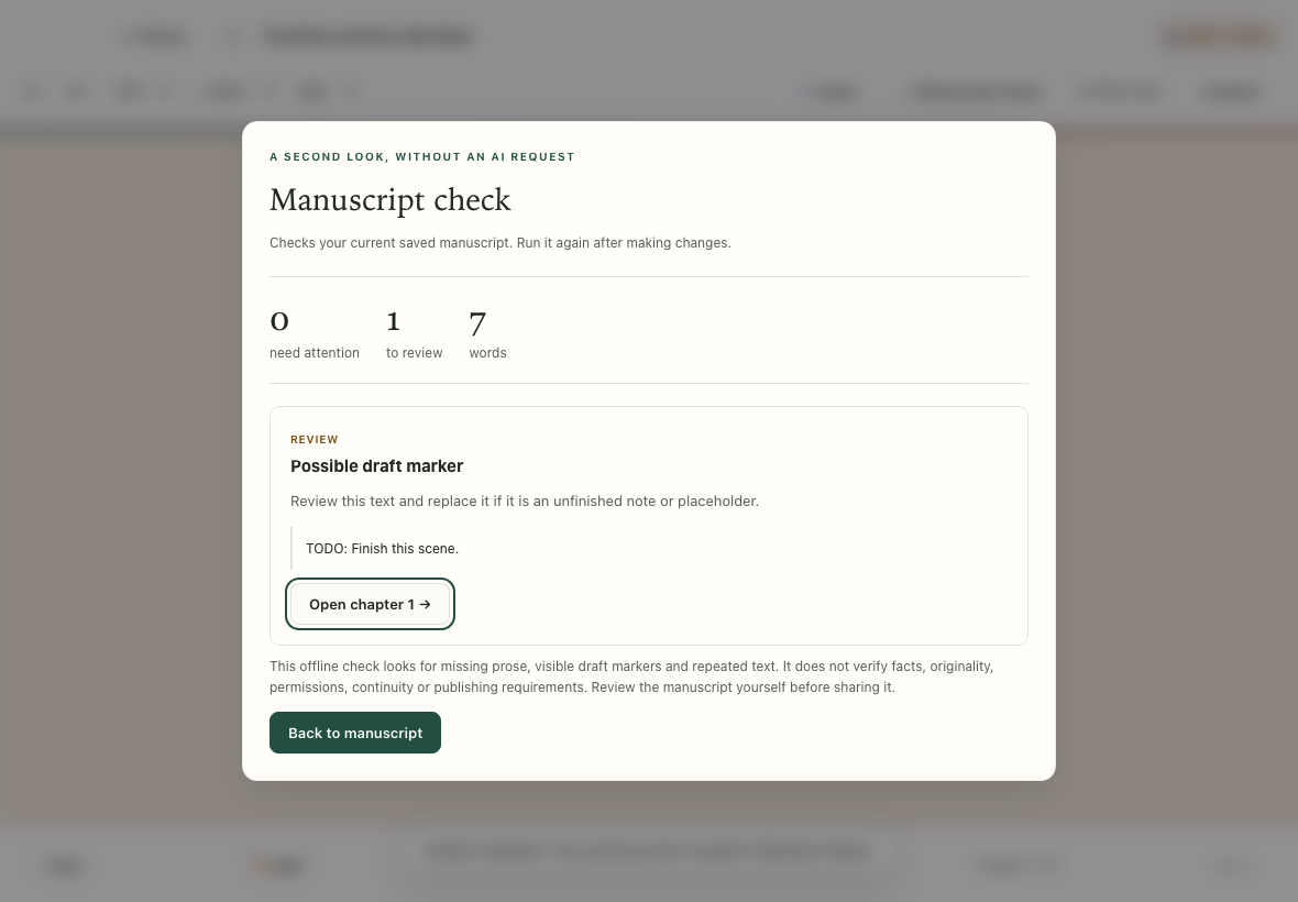 Manuscript check highlighting a possible TODO draft marker with an Open chapter button