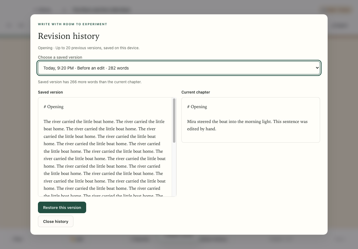 Revision history showing the saved chapter text beside the current chapter and a Restore this version button